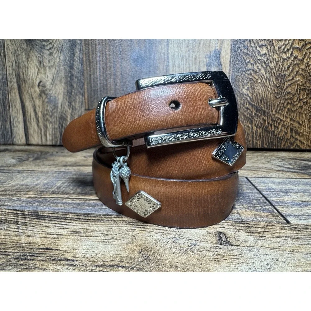 Footjoy Womens Golf Belt Sz M Brown Leather‎ Silver Concho Bag Tee Ball Dangles